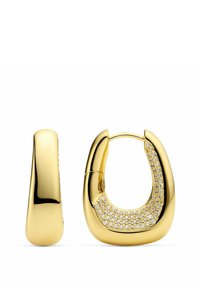 Guldørerringe med en poleret overflade, der har et centralt område indlagt med klare rhinesten. Rund form med et strømlinet design.