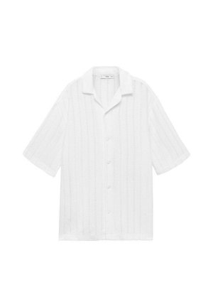 Weißes Kurzarmhemd mit strukturiertem Muster, Knopfverschluss und klassischem Kragendesign. Hergestellt aus leichtem Material.