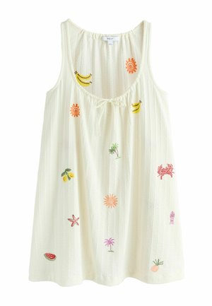 Rochie crem fără mâneci cu motive tropicale colorate brodate, inclusiv banane, soare, crab, palmieri, stele de mare și ananas.