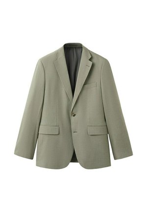 Blazer para hombre de un solo botón, verde oliva claro, con solapa con muesca, dos bolsillos frontales con solapa y un bolsillo en el pecho con ribete, abotonado al frente.