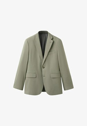 Jasnooliwkowa, jednorzędowa marynarka męska z wcięciem na klapie, dwoma przednimi kieszeniami z patkami oraz jedną kieszenią na piersi, zapinana z przodu na guziki.