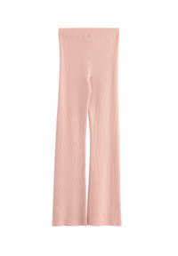 Pantaloni a coste rosa con design a gamba svasata, dotati di una vita elasticizzata e di una texture liscia in tutta la superficie.