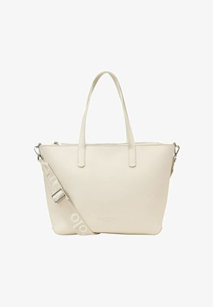 Beżowa torba tote wykonana z gładkiego materiału syntetycznego, z podwójnymi uchwytami, regulowanym paskiem, zapięciem na zamek błyskawiczny oraz dyskretnym logo z przodu.