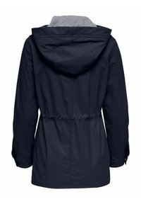 Veste imperméable bleu marine avec taille à cordon, capuche et doublure rayée, dotée de manches longues et de poignets à boutons-pression.