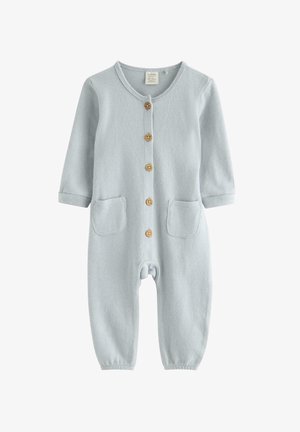 Blauer gestrickter Einteiler mit langen Ärmeln, rundem Ausschnitt, fünf Holzknöpfen auf der Vorderseite und zwei vorderen Taschen. Weicher Stoff.