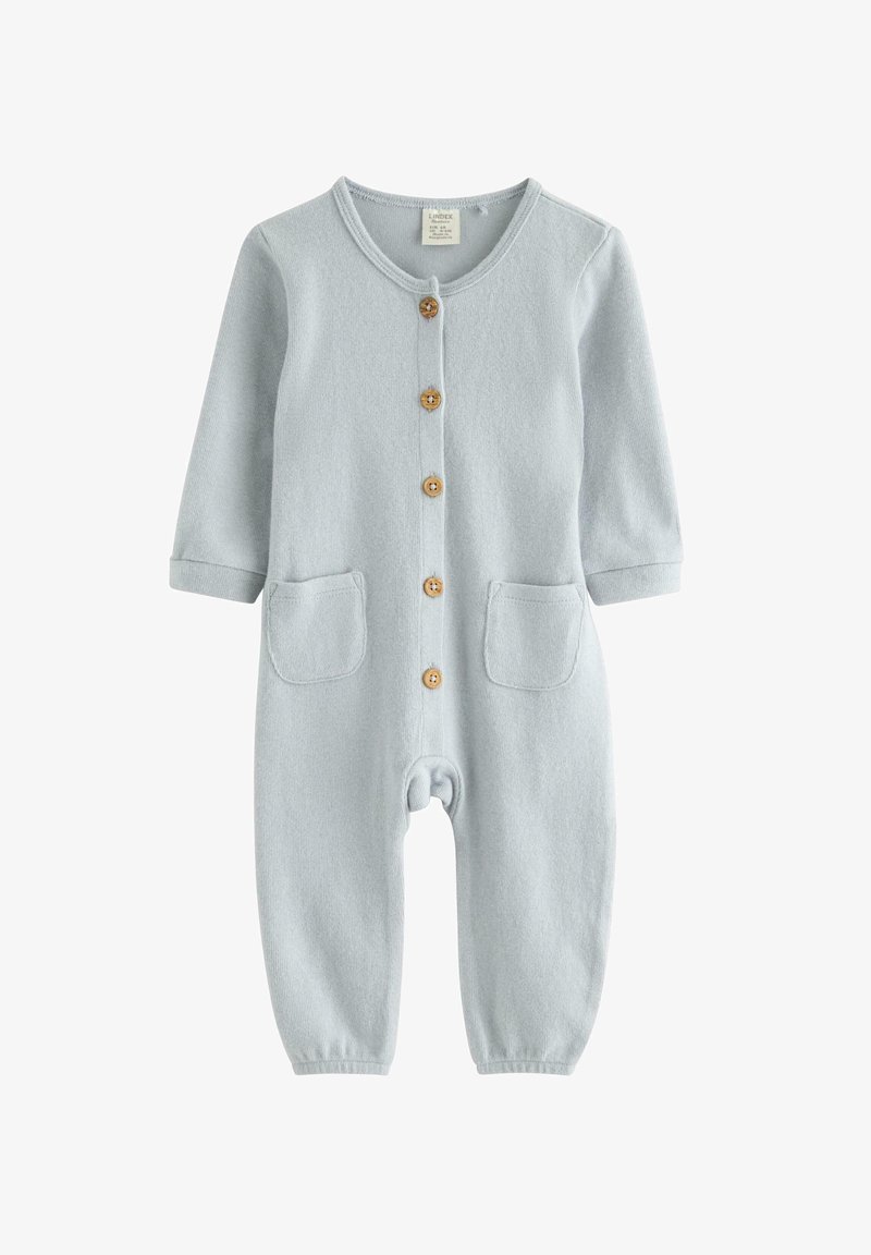 Niebieski dzianinowy kombinezon z długimi rękawami, okrągłym dekoltem, pięcioma drewnianymi guzikami z przodu i dwiema kieszeniami z przodu. Miękka tekstura.