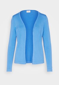 Ljusblå cardigan med V-ringad design, långa ärmar, ribbat mönster och öppen framsidan. Tillverkad av mjukt, lätt tyg.