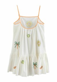 Biele bezrukávové šaty s oranžovým lemovaním, zdobené farebnou výšivkou palmových stromov, slnka a citrusového ovocia, s viacvrstvovým volánovým lemom.