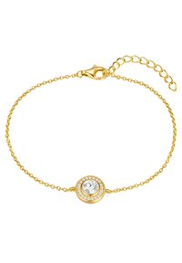 Guldfärgad armband med en central rund kristall omgiven av mindre klara stenar, med en kräfta-låsning och justerbar kedja.