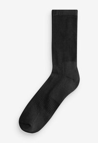Sosete negre cu o textură netedă, prezentând un vârf și o gleznă întărite. Design simplu, potrivit pentru îmbrăcăminte casuală sau formală.