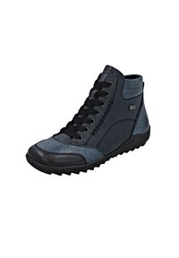 Hochformatige Sneaker aus dunkelblauem und schwarzem Leder, mit schwarzen Schnürsenkeln, strukturierten Akzenten und einer robusten Sohle mit Grip-Mustern.