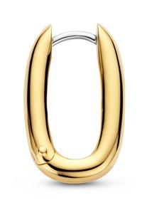 Boucle d'oreille en métal doré avec un design lisse et courbé. Présente un fermoir en argent et une finition brillante. Forme robuste avec une surface brillante.