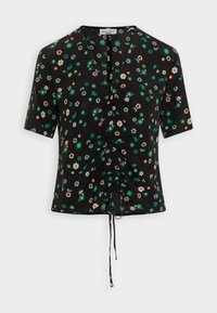 Blusa nera a maniche corte con motivo floreale verde, bianco e arancione, scollatura a V, fronte arricciato e lacci all'orlo.