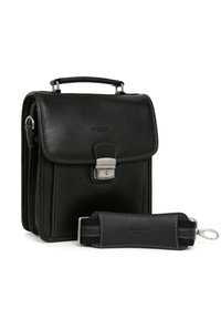 Borsa nera in pelle con un design strutturato, dotata di una maniglia superiore, accessori in argento e una tracolla staccabile. Texture liscia e linee pulite.