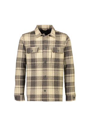Plaid shirt in beige and brown, made of textured fabric. Features two front pockets and button closures, with a classic collar design.