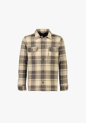 Koszula w kratę w odcieniach beżu i brązu, wykonana z teksturowanej tkaniny. Posiada dwie kieszenie z przodu oraz zapięcia na guziki, z klasycznym kołnierzykiem.