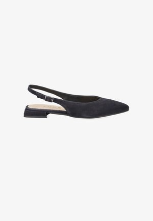 Chaussure slingback plate en daim noir avec bout pointu, bride réglable à boucle et petit talon.