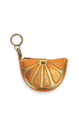 Portamonete a mezzaluna arancione e oro con texture, dotato di cerniera e portachiavi in ottone allegato.