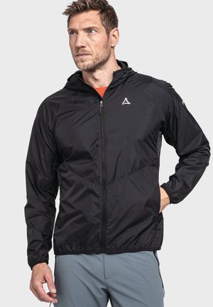 Schwarze, leichte Jacke mit Kapuze, Frontreißverschluss und elastischen Bündchen. Verfügt über ein Logo auf der Brust und eine glatte, glänzende Textur.