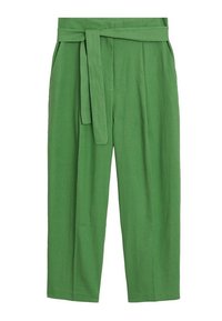 Zelené lněné kalhoty s širokým střihem, vybavené zavazovacími pásky v pase a předními sklady pro zvýraznění struktury. Hladká textura a jemný povrch.