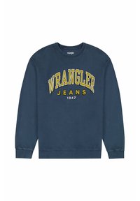 Sweat-shirt bleu marine à manches longues, col et poignets côtelés, avec l'inscription "WRANGLER JEANS 1947" en lettres jaunes et blanches sur le devant.