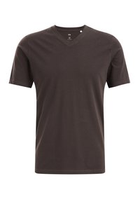 Camiseta de algodón marrón con escote en V, mangas cortas y corte relajado. Diseño simple sin patrones o acentos visibles.