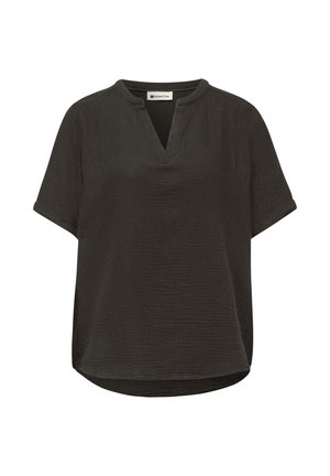 Street One -merkin lyhythihainen musta teksturoitu pusero, jossa on V-kaula-aukko ja pyöristetty helma.