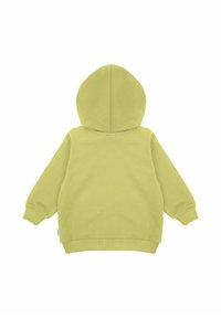 Jasnozielona bluza dziecięca z kapturem, widziana od tyłu, z długimi rękawami oraz ściągaczami na mankietach i dole.