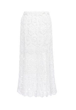 Hvid blonde midi nederdel med blomsterprint, elastisk talje og scallop kant.