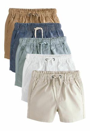 Päť párov ľahkých šortiek v rôznych farbách: hnedá, modrá, mätovo zelená, biela a béžová. Elastické pásy so šnúrkami na stiahnutie.
