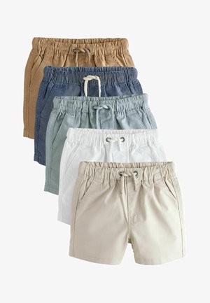 Pięć par lekkich szortów w różnych kolorach: brązowym, niebieskim, miętowym, białym i beżowym. Elastyczne pasy z troczkami.