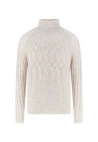 Maglione beige chiaro con collo alto, caratterizzato da un motivo a treccia nella parte superiore e texture a costine sulle maniche e sul fondo.