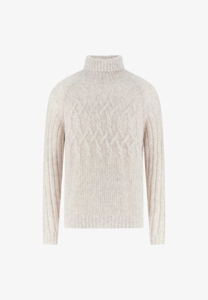 Light beige sweater with a high neck, featuring a cable knit pattern on the upper and ribbed texture on the sleeves and bottom.