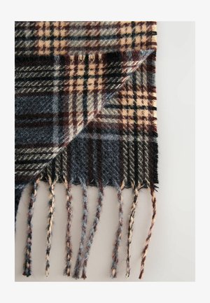 Kariertes Wollschal in Dunkelgrau, Beige und Burgunderrot. Mit gefransten Kanten und verdrehten Fäden. Weiche Textur und geometrisches Muster.