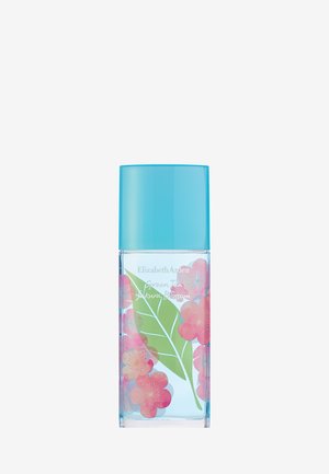 Flacone del profumo Elizabeth Arden Green Tea Sakura Blossom con tappo blu, decorato con fiori rosa e design di foglie verdi.
