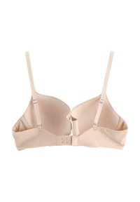 Beige bh med blødt, glat stof, bøjler, justerbare stropper og hægte-lukning bagpå. Ingen udsmykninger eller mønstre.