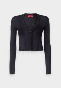 Czarny kardigan prążkowany z długimi rękawami i dekoltem w kształcie litery V. Posiada zamek błyskawiczny z przodu i fakturowany materiał. Długość do połowy brzucha.