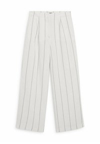 Pantalon ample gris clair à rayures verticales, avec plis à l'avant et texture de tissu lisse. Ceinture ajustée avec fermeture dissimulée.