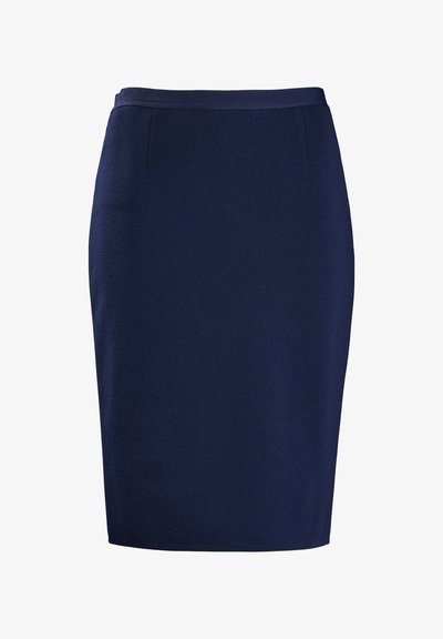 Tumši zila zīmuļsvārku no teksturēta auduma, ar pieguļošu dizainu un gludu jostu. Nav redzamu kabatu vai rakstu.