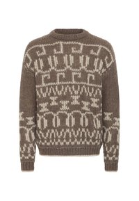 Brauner gestrickter Pullover mit gemusterten creamfarbenen Akzenten, geripptem Kragen und Bündchen; lockere Passform mit geometrischen Designs überall.
