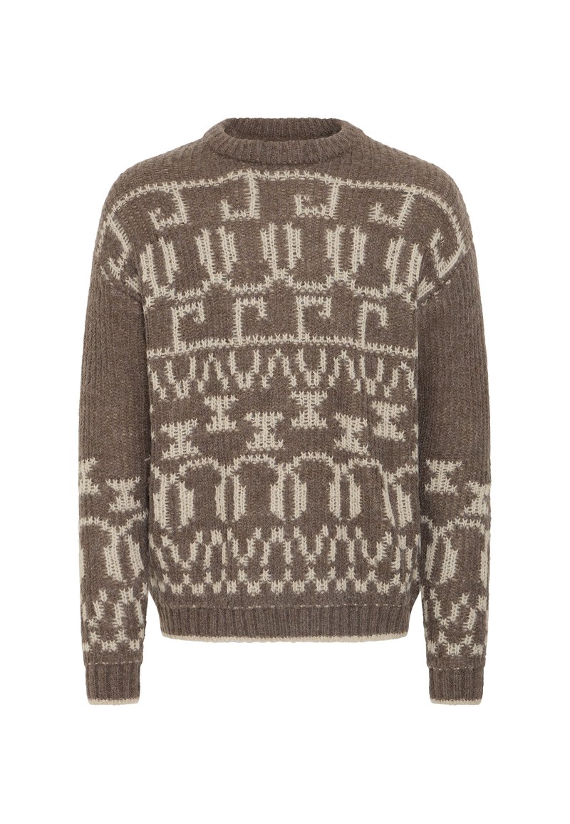 Brauner gestrickter Pullover mit gemusterten creamfarbenen Akzenten, geripptem Kragen und Bündchen; lockere Passform mit geometrischen Designs überall.