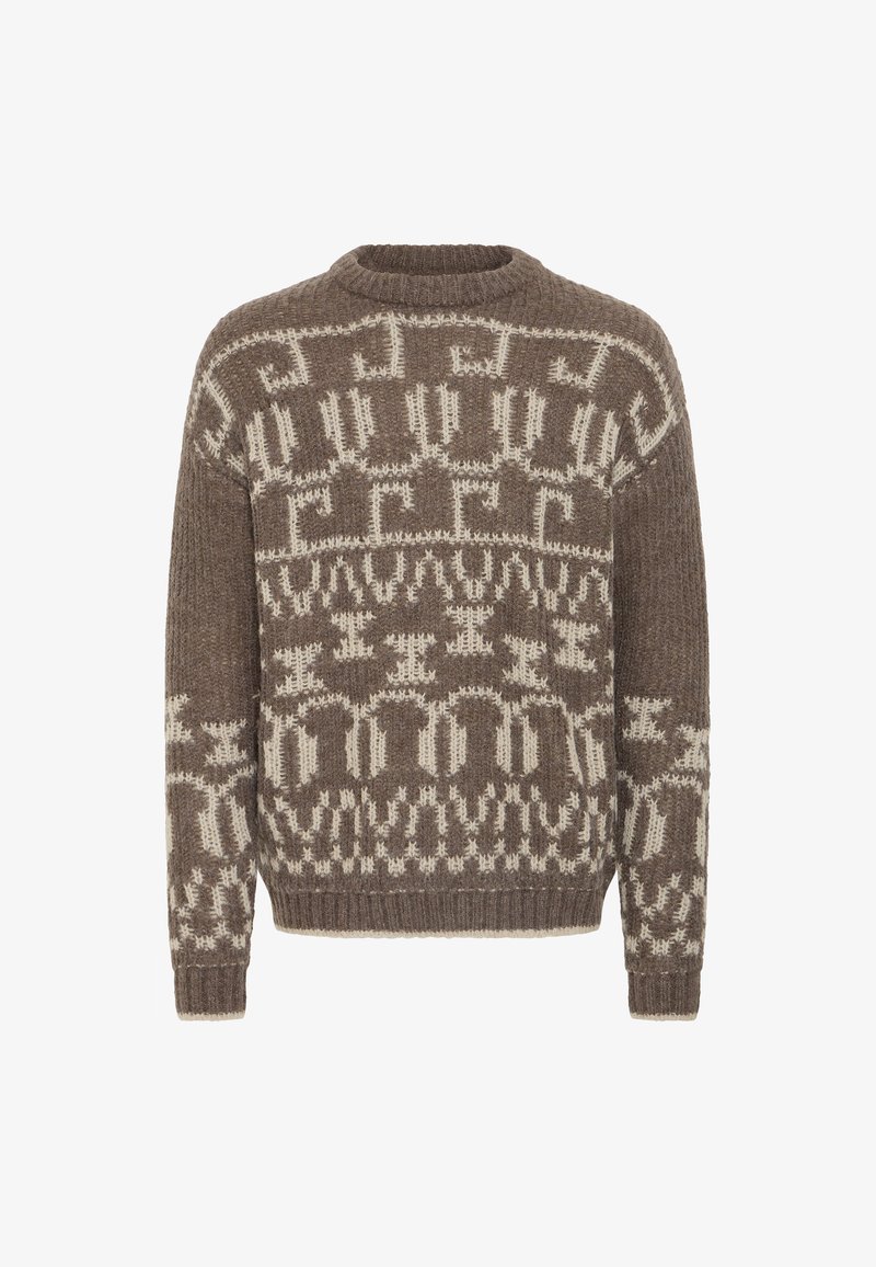 Brauner gestrickter Pullover mit gemusterten creamfarbenen Akzenten, geripptem Kragen und Bündchen; lockere Passform mit geometrischen Designs überall.