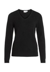 Pull noir à col en V en tissu maille doux avec manches longues, poignets et ourlet côtelés pour plus de texture et de détail.
