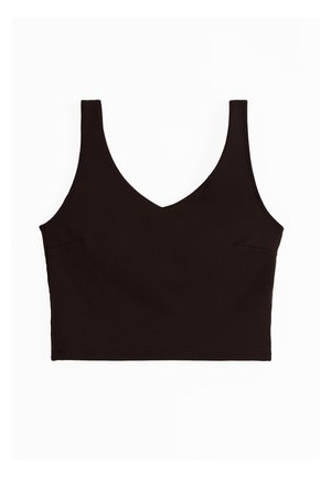 Czarny top bez rękawów z szerokimi ramiączkami i dekoltem w kształcie litery V, rozłożony na białym tle.