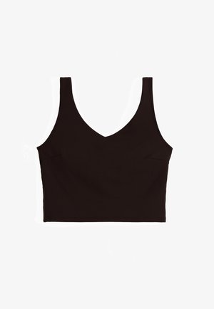 Czarny top bez rękawów z szerokimi ramiączkami i dekoltem w kształcie litery V, rozłożony na białym tle.