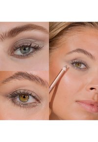 Närbilder på två ögon med olika nyanser av ögonskugga. Det ena ögat använder en beige penna som eyeliner, vilket framhäver glans och definierade ögonfransar.