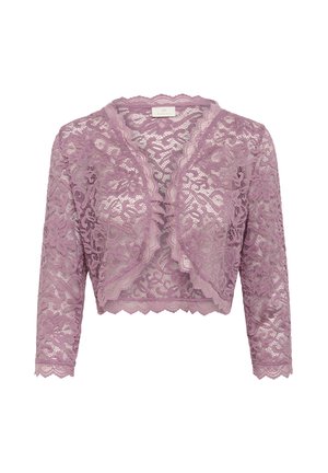 Lace bolero mīkstā lavandas krāsā ar trīs ceturtdaļu piedurknēm, viļņotiem maliņām un ziedu rakstiem visā virsmā, ar atvērtu priekšpusi.