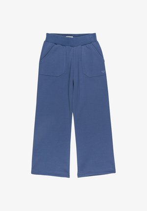 Blaue Baumwoll-Sweatpants mit weit geschnittenem Bein, ausgestattet mit zwei Fronttaschen und einem elastischen Bund für optimalen Komfort.