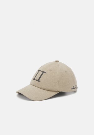 Beige baseball cap with black Roman numeral II embroidered on front and cursive text on side, displayed on white background.