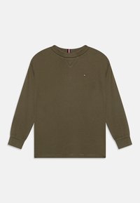 Oliwkowa długosleeve bluza z okrągłym dekoltem, z małym logo na piersi, ściągaczami na rękawach i gładką bawełnianą fakturą.